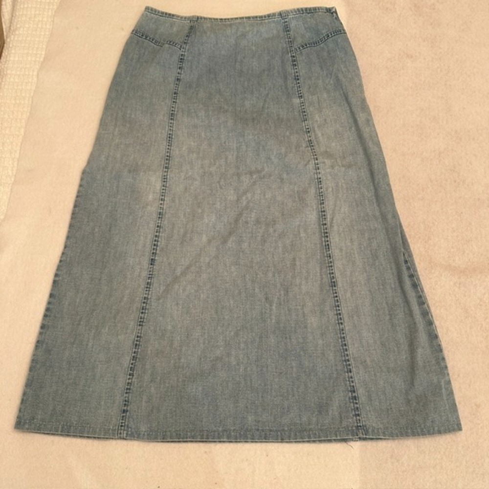 Vintage Orvis Denim A Line Skirt Light Blue Cotton Size 12 Flare Maxi Modest 90s